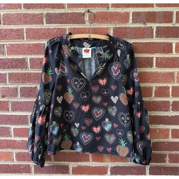 Farm Rio for Anthropologie Black Heart Print Blouse – XS – 100% Cotton EUC - Picture 4 of 10